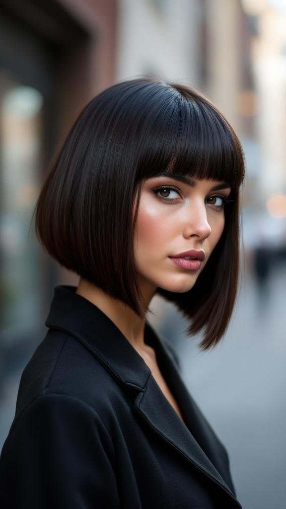 A woman with a sleek straight bob hairstyle, wearing a black coat, looking confidently at the camera.