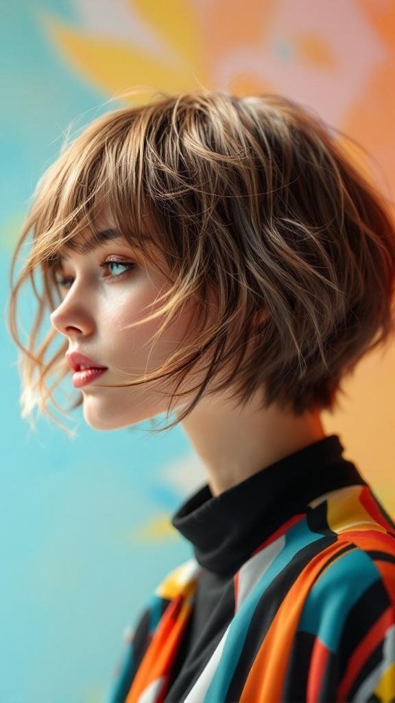 A woman with a layered short haircut, showcasing texture and movement.