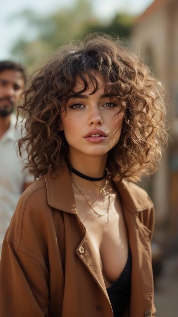 A woman with curly shaggy hair, wearing a brown jacket and a choker, looking stylish.
