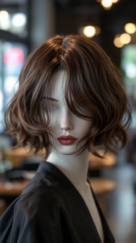 A mannequin with a chic bob hairstyle featuring soft waves, showcasing a modern and elegant look.