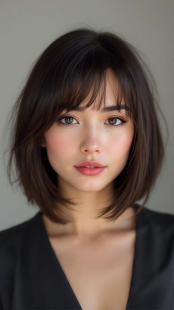 A woman with a side-swept bangs and a bob hairstyle.
