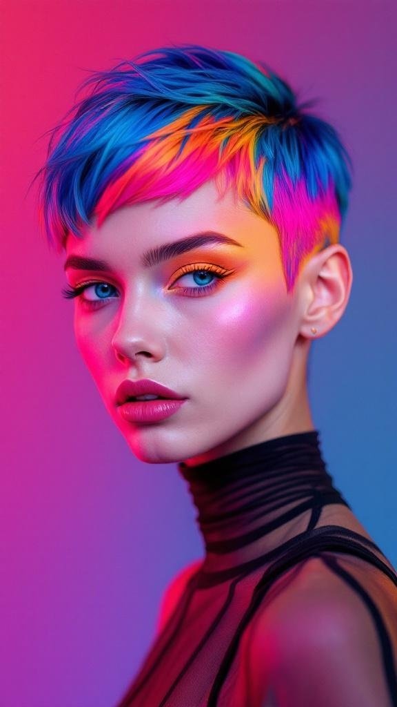 A model with a bold colored pixie haircut featuring vibrant blue and pink hues.