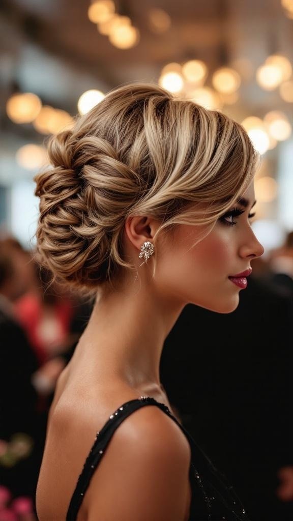 A stylish updo hairstyle for short hair, featuring intricate braids and elegant styling.
