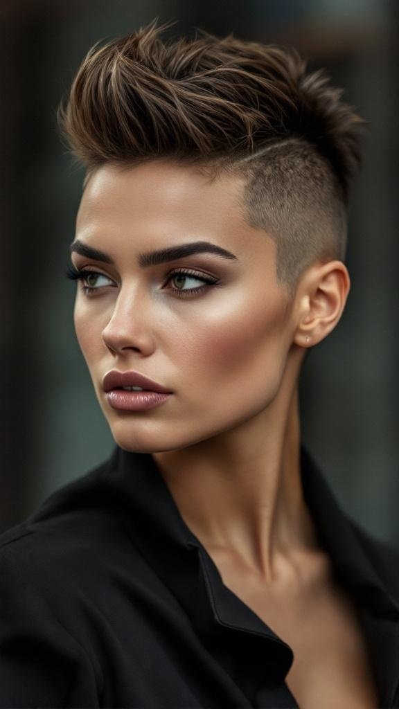 A stylish faux hawk short hairstyle with a clean undercut.