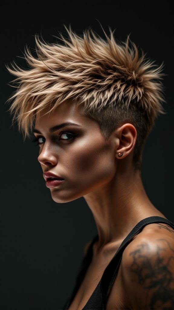 A stylish short spiky hairstyle on a woman, showcasing a modern and edgy look.