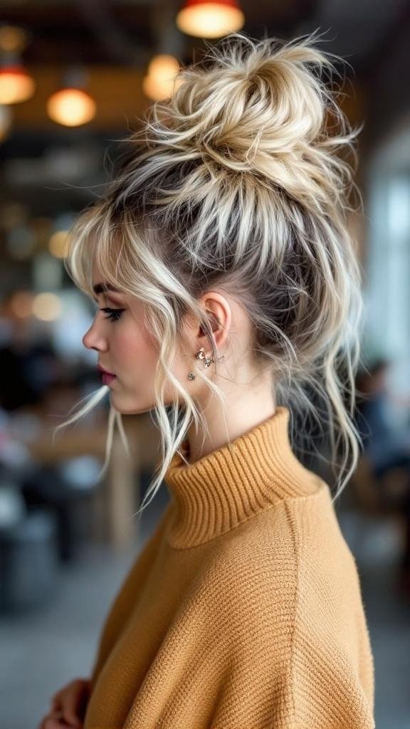 A woman with a messy bun and short layers, wearing a cozy sweater.