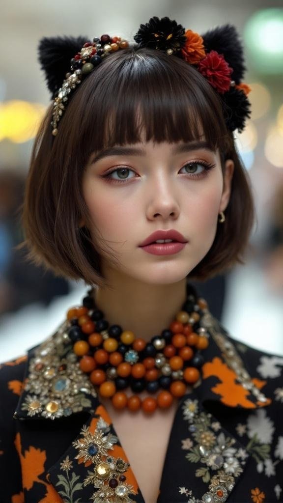 A woman with short hair styled with a decorative headband and colorful necklace.