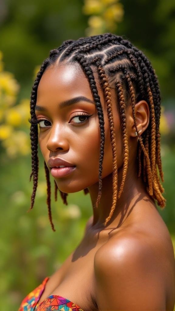A woman with short braided hair, showcasing a stylish and vibrant look.