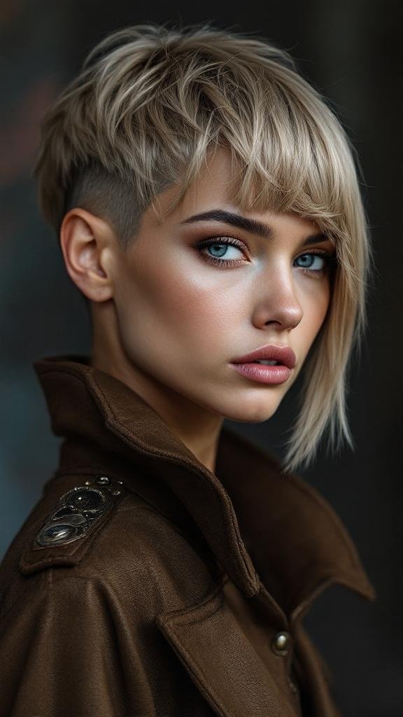 A close-up of a person with a pixie haircut featuring long side bangs, wearing a brown jacket.