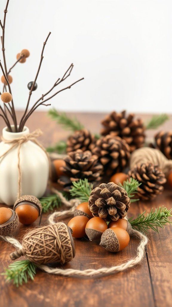 A collection of acorns and pinecones arranged with twigs and greenery.