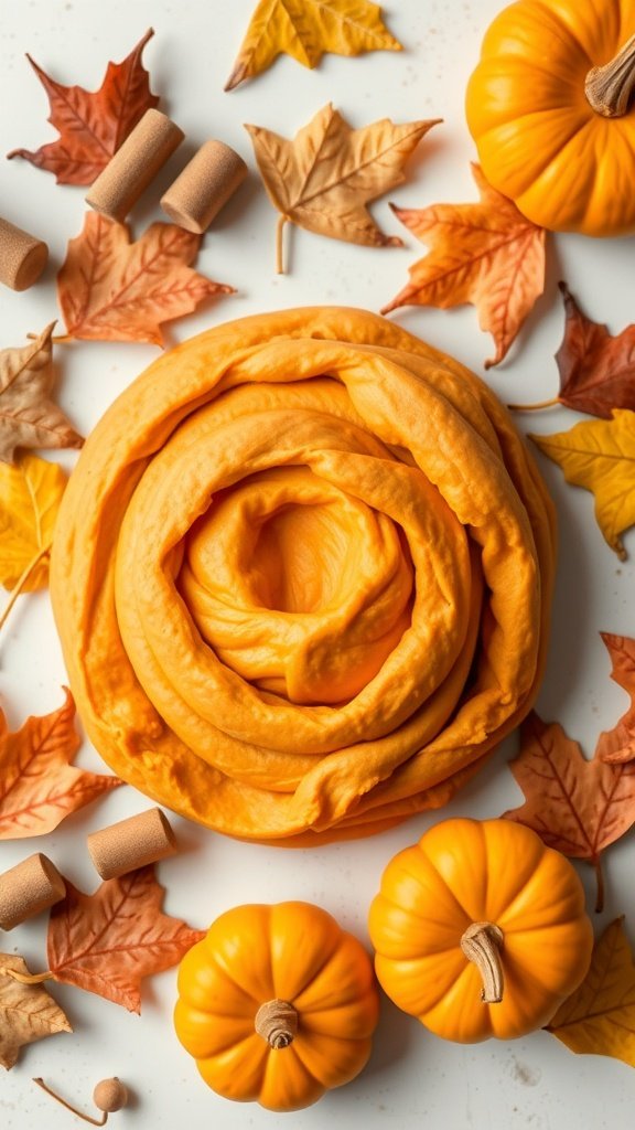 A swirl of orange playdough surrounded by small pumpkins and autumn leaves.