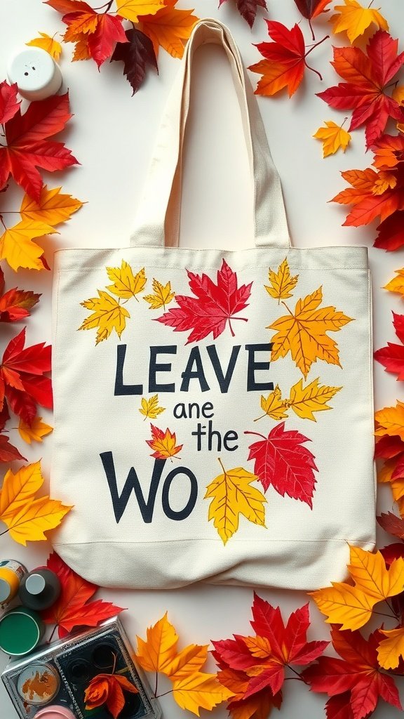 A tote bag with leaf prints surrounded by colorful autumn leaves.