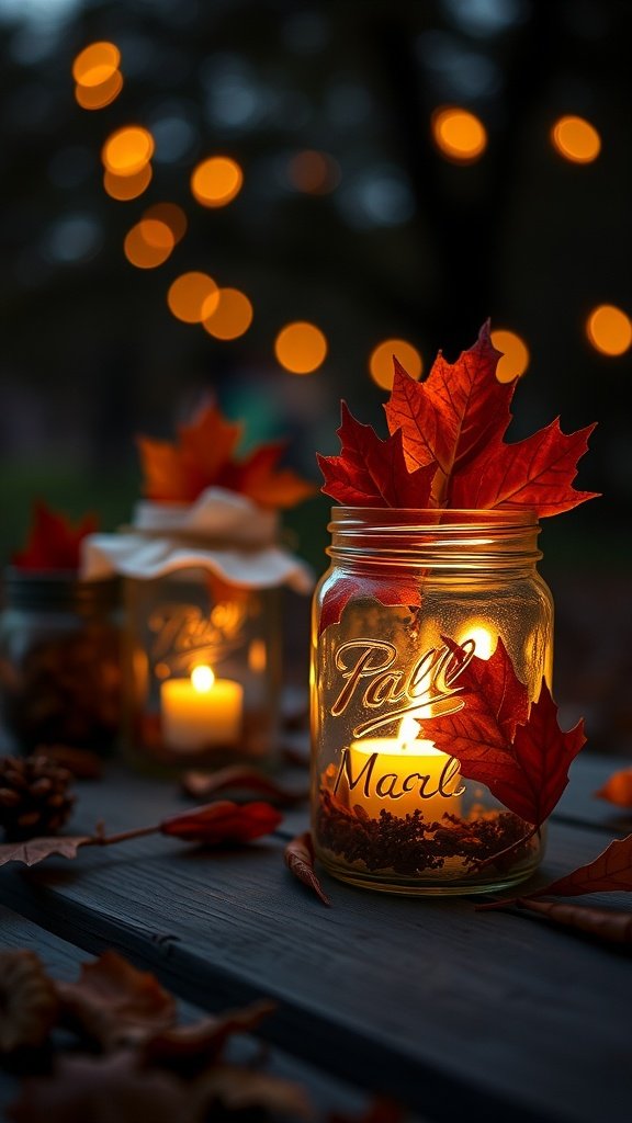 Mason jar lanterns with autumn leaves and warm lights