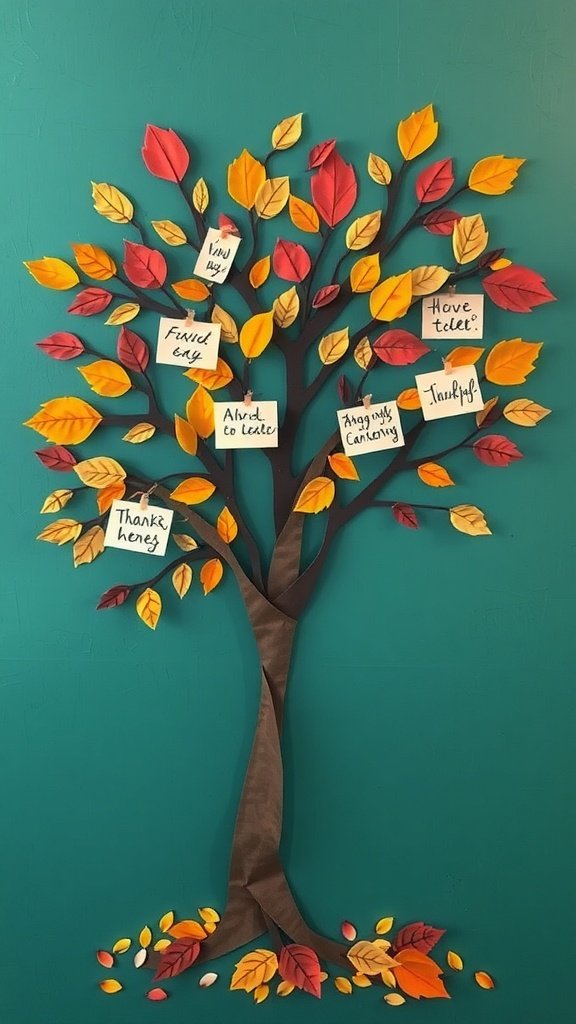 A colorful Thankful Tree with paper leaves displaying messages of gratitude.