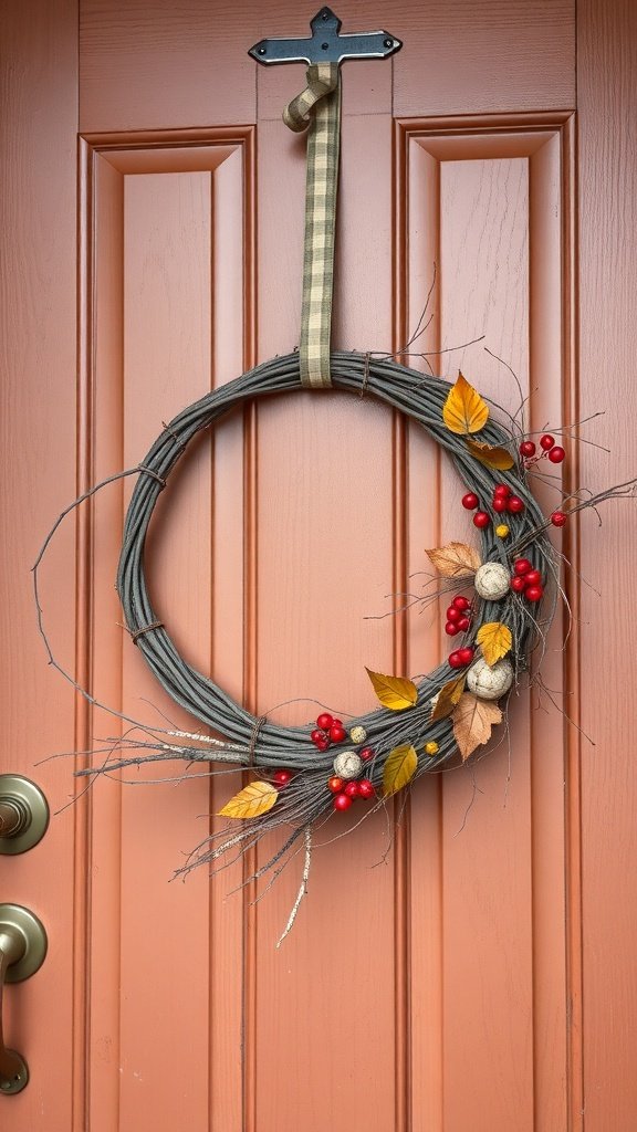 A fall wreath made of twigs, leaves, and berries hanging on a door.