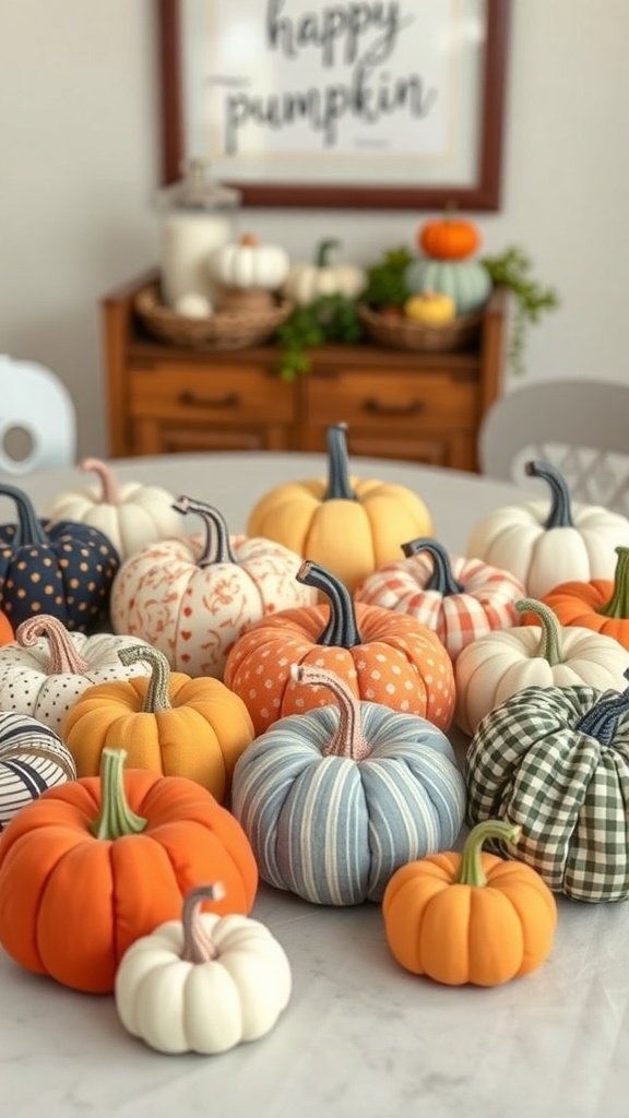 A collection of colorful fabric pumpkins arranged on a table, showcasing various patterns and sizes.