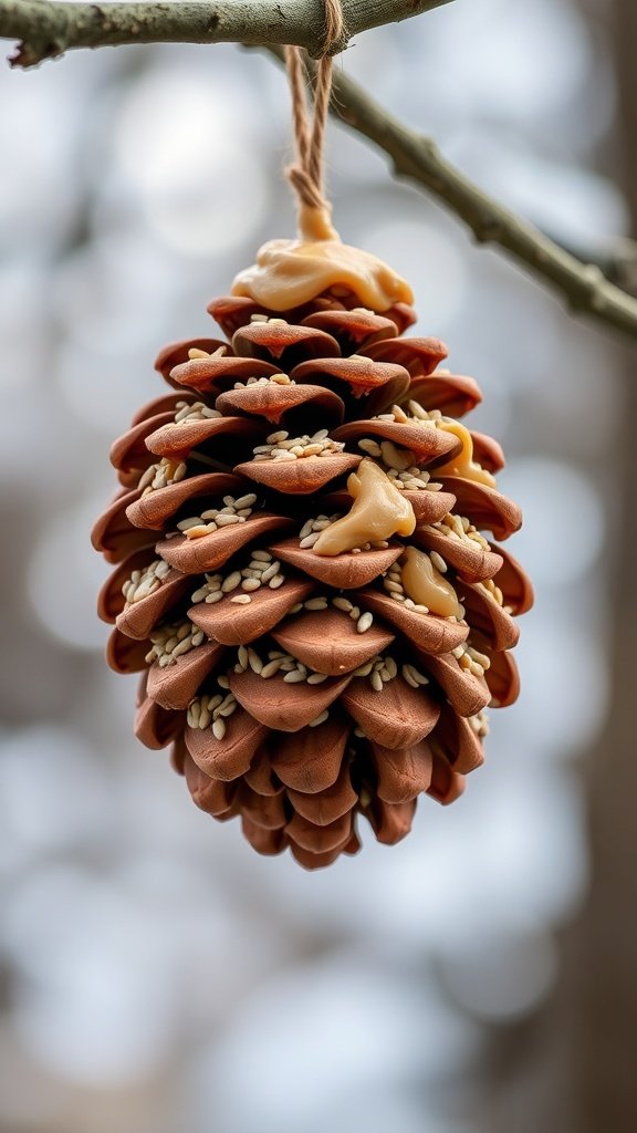 A pinecone bird feeder coated with peanut butter and birdseed, hanging from a tree branch.