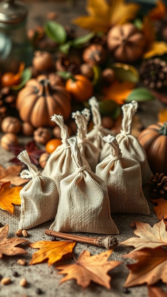 DIY scented sachets made with dried herbs, surrounded by autumn leaves and pumpkins.