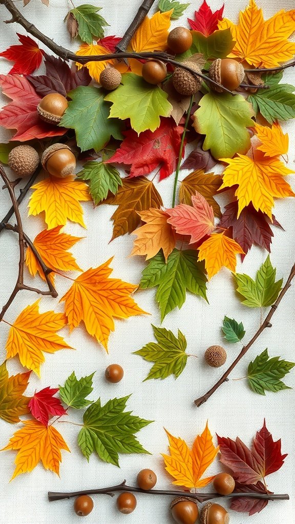 A collection of colorful autumn leaves, acorns, and twigs arranged on a light background.