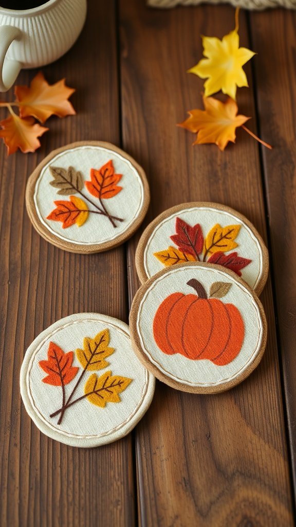 Handmade fall coasters with leaf and pumpkin designs on a wooden table