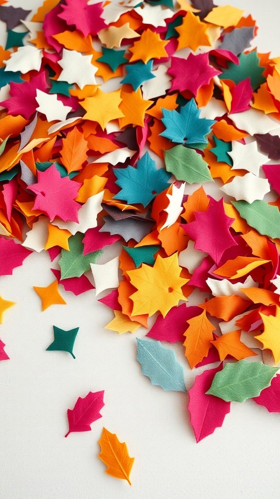 Colorful fabric scraps shaped like fall leaves scattered on a surface.