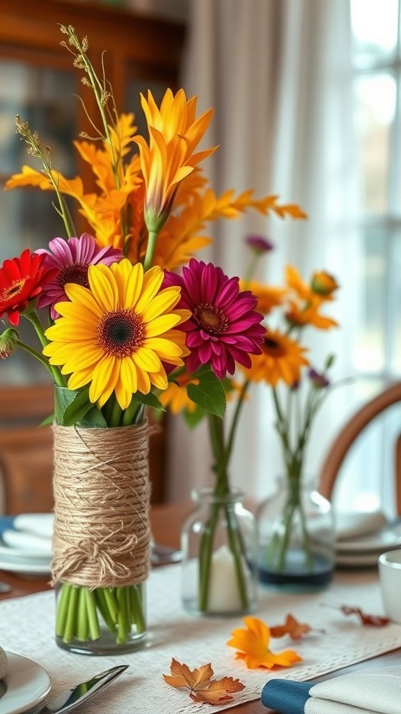 Twine-wrapped vase filled with colorful fall flowers on a table.