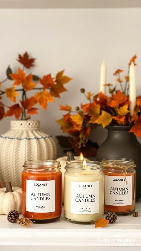 Three autumn scented candles on a shelf with decorative fall leaves and a pumpkin.