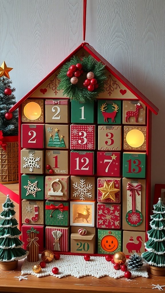A beautifully decorated advent calendar with numbered boxes, festive designs, and holiday decorations.