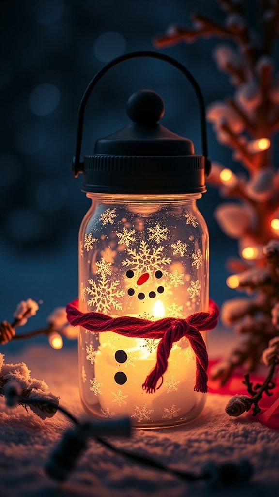 A glowing mason jar lantern decorated like a snowman with snowflakes and a red ribbon.