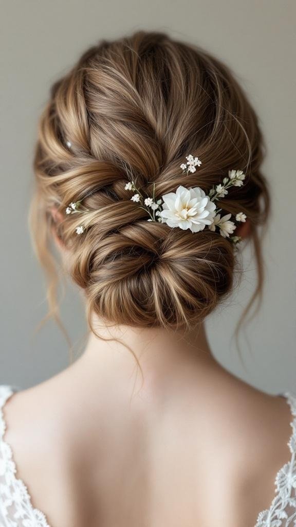 A beautiful Dutch braid updo adorned with small flowers.
