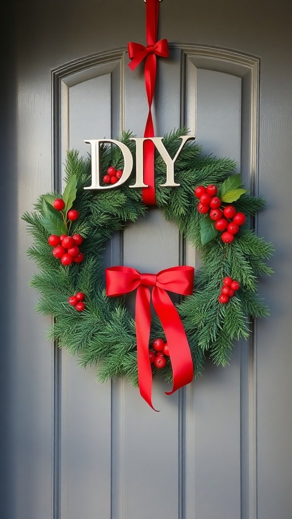 A DIY holiday wreath with red berries and a bow hanging on a door.