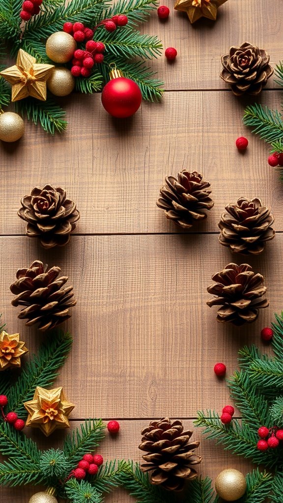 Decorative pinecones surrounded by festive ornaments and greenery on a wooden surface.