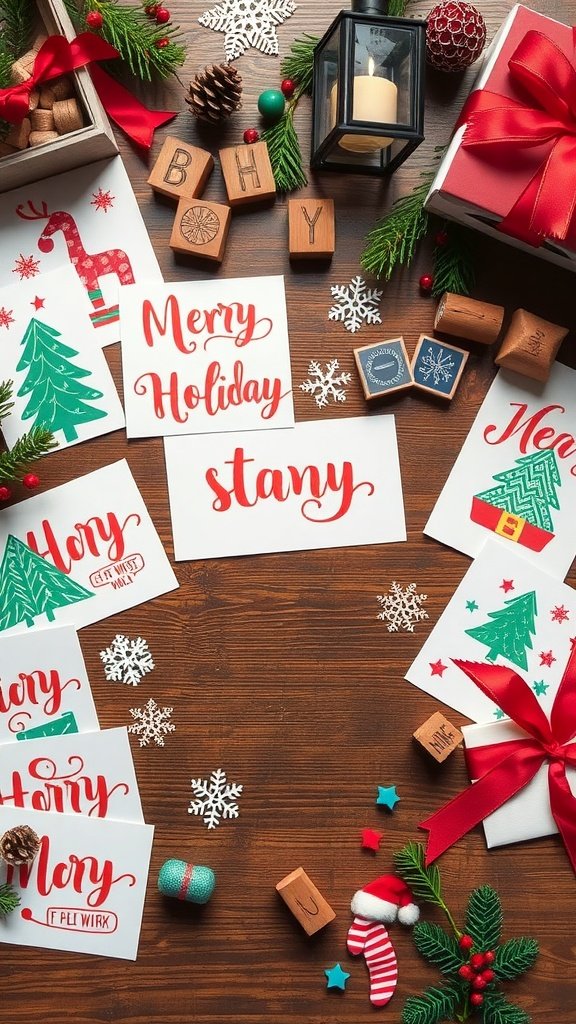 A collection of handmade holiday cards with festive designs and decorations.