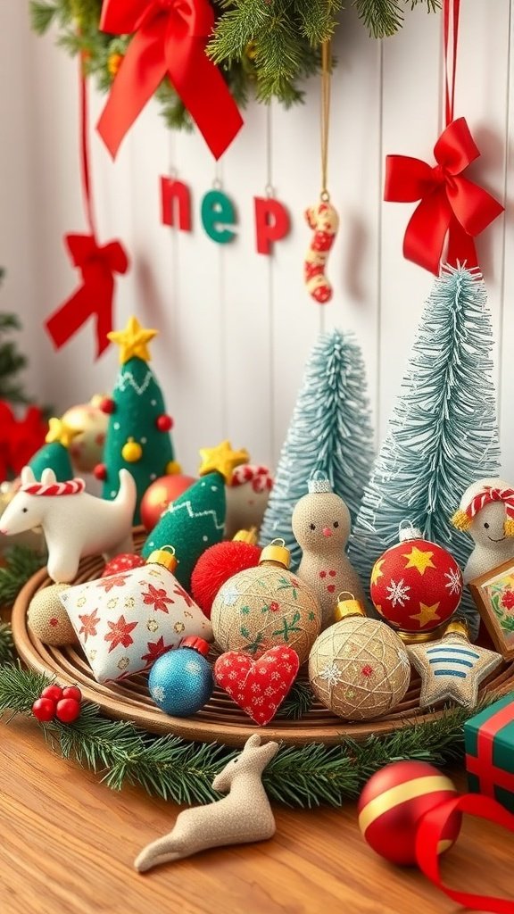 A variety of handmade Christmas ornaments displayed on a table, including colorful balls, decorative trees, and festive pillows.