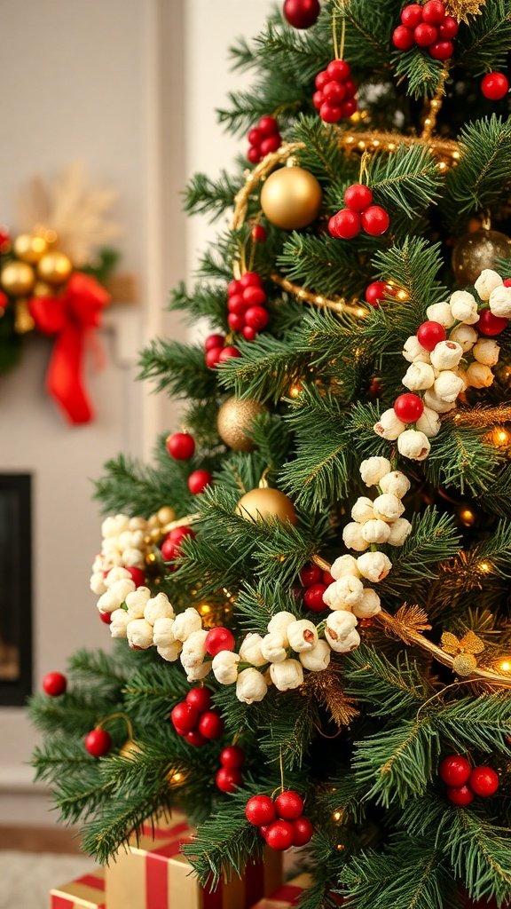 A beautifully decorated Christmas tree with a popcorn garland and red berries.