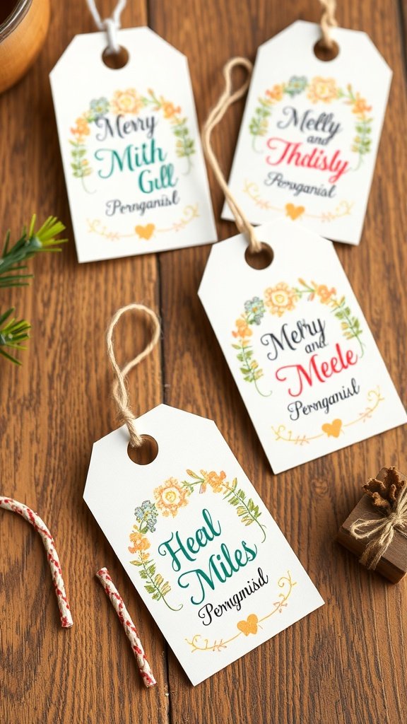 A collection of personalized Christmas gift tags with festive designs and red strings.