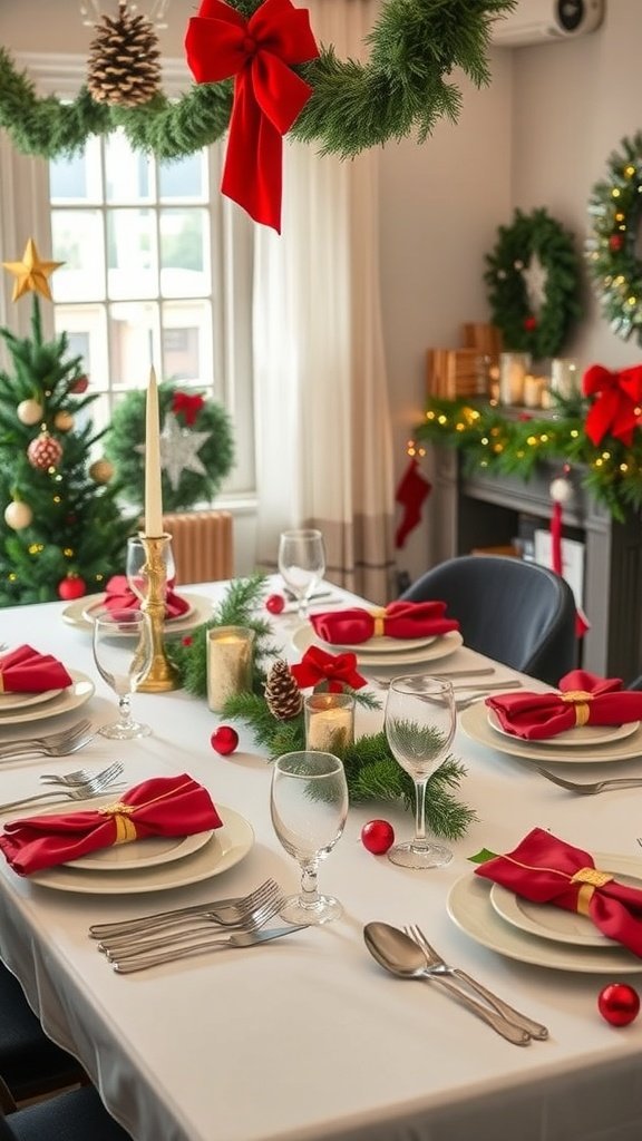 A beautifully set holiday table with red napkins, candles, and festive decorations.