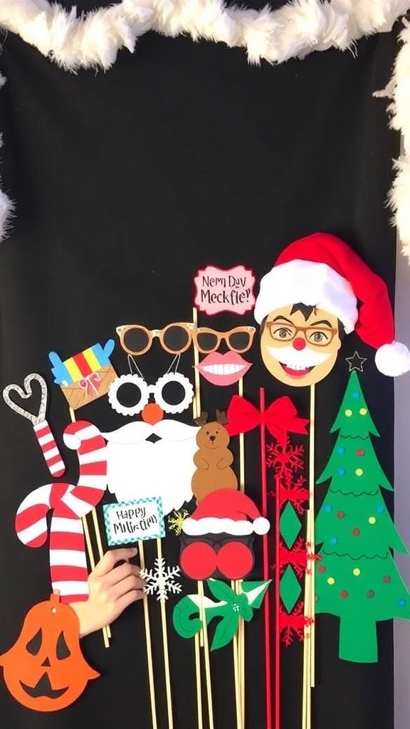 A variety of colorful holiday photo booth props including reindeer antlers, Santa hats, and festive signs.
