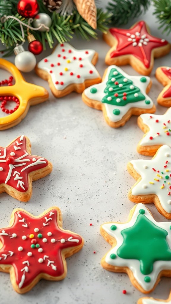 Decorated Christmas cookies in various shapes and colors.
