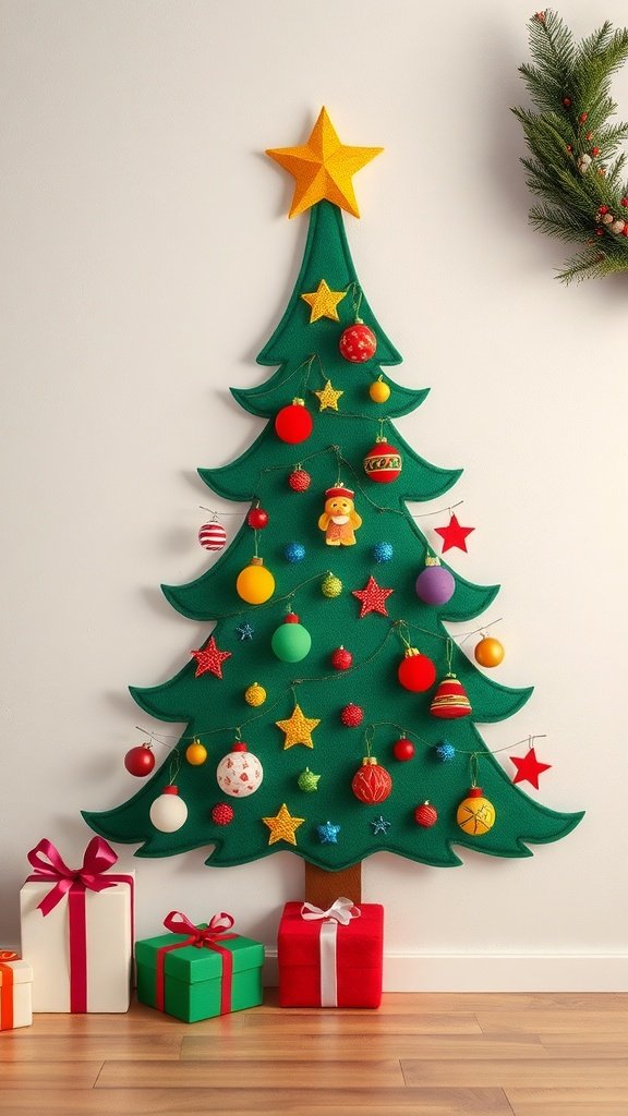 A colorful felt Christmas tree decorated with ornaments and gifts underneath.
