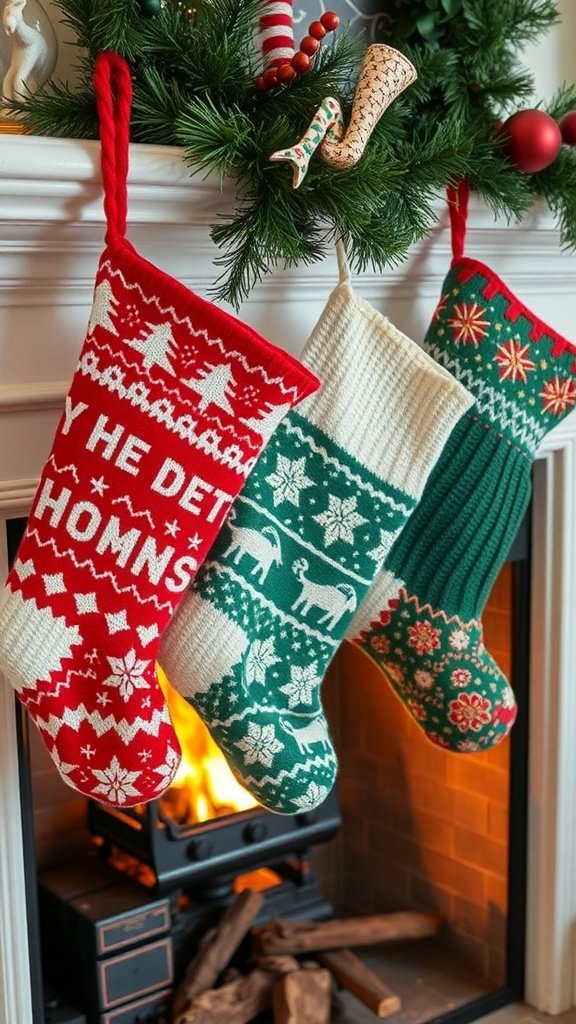 Three colorful knitted stockings hanging by a fireplace, decorated for Christmas.