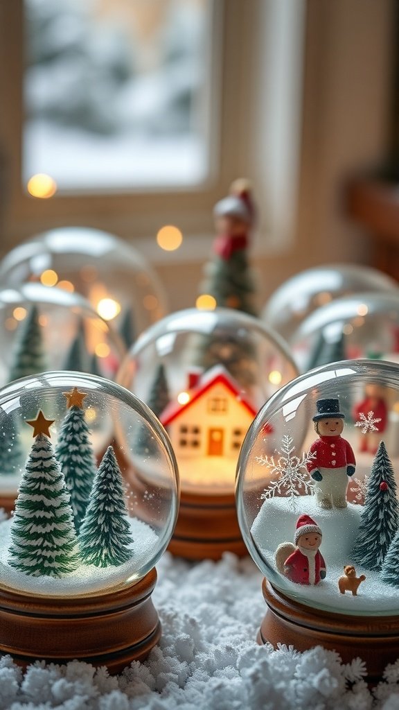 A collection of DIY snow globes featuring winter scenes with trees, a house, and characters.