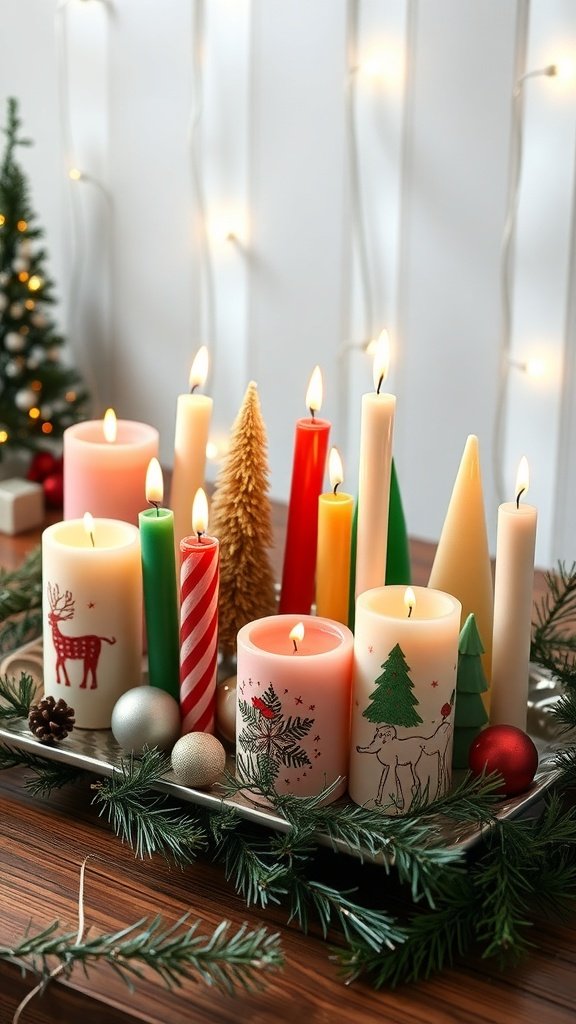 A collection of Christmas-themed candles in various colors and designs, surrounded by festive decorations.
