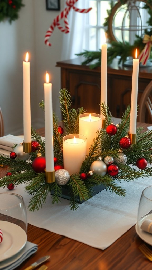 A beautifully arranged DIY Christmas centerpiece with candles and ornaments.