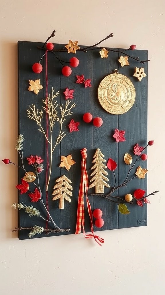 Colorful Christmas wall art with festive messages and decorations.