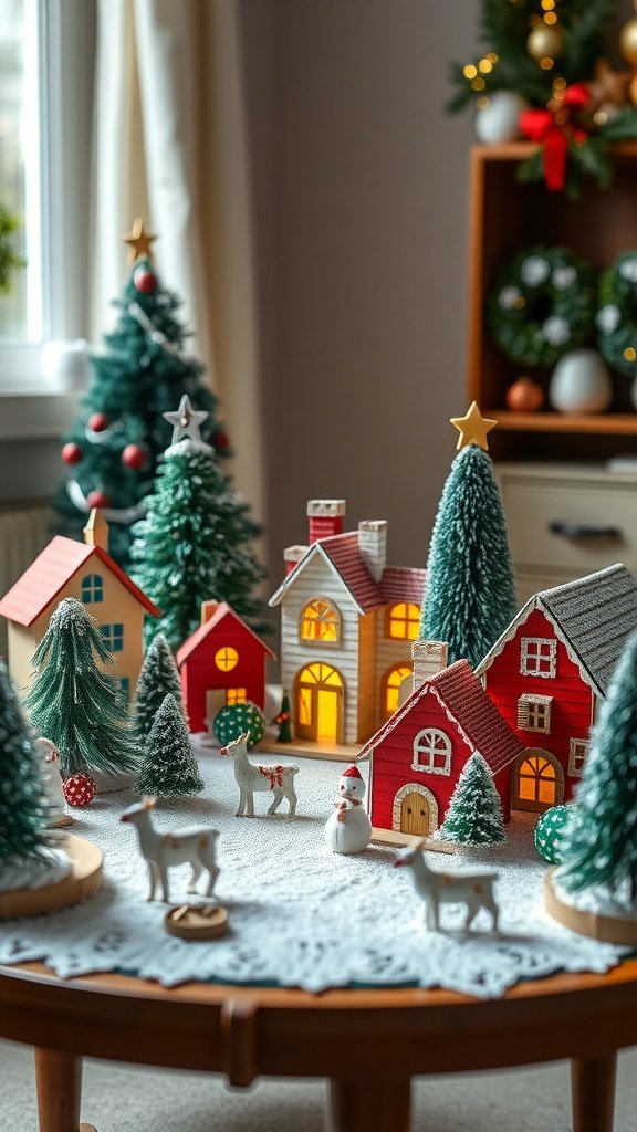 A cozy DIY Christmas village with small houses, trees, and a snowman.