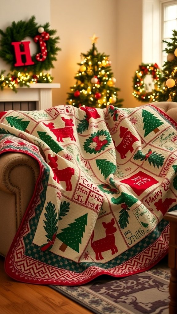 A festive holiday quilt draped over a couch, featuring Christmas-themed designs.