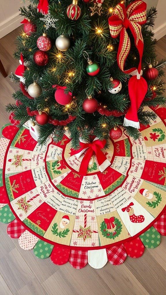 A colorful Christmas tree skirt featuring festive designs and patterns, placed under a decorated Christmas tree.