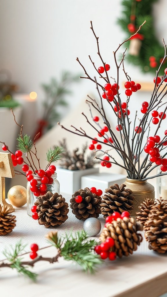 A collection of pinecones, red berries, and greenery arranged for holiday decor.