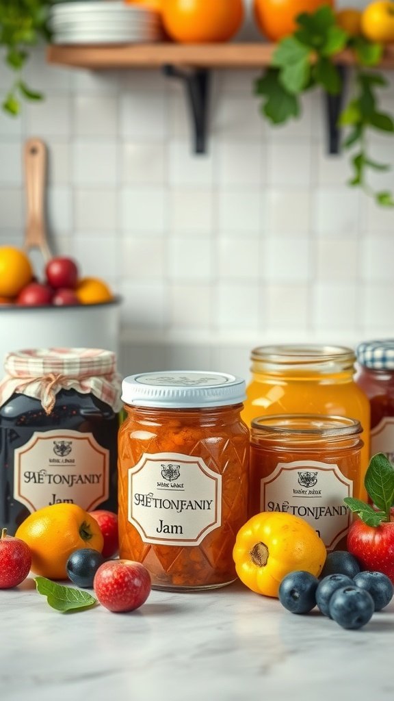Colorful jars of homemade jam with various fruits